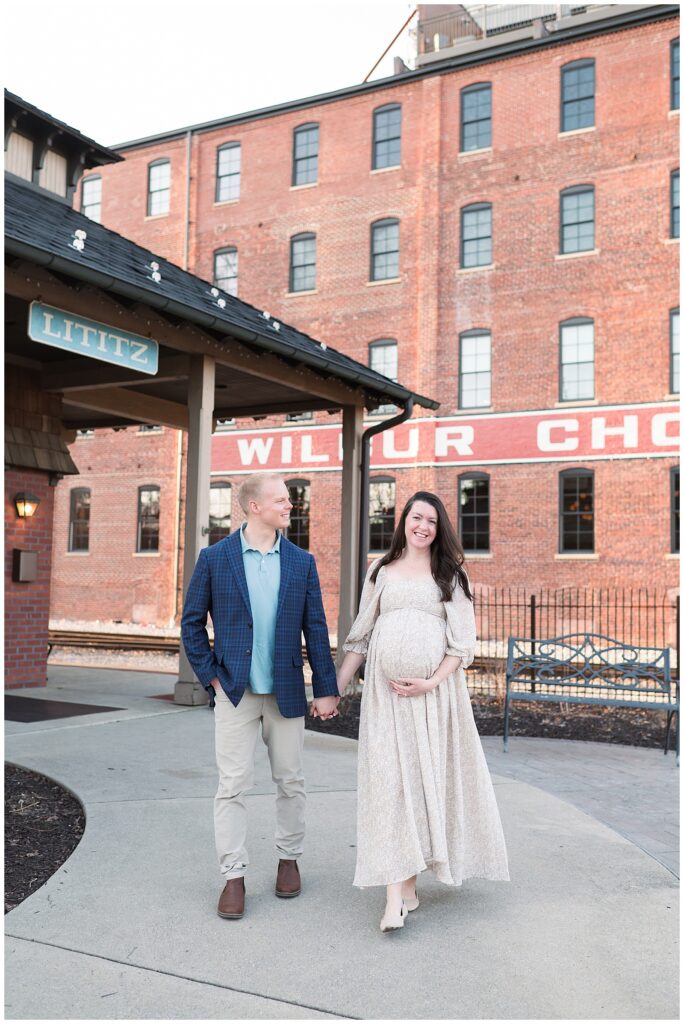 Spring maternity session in downtown Lititz, PA. Wilbur Chocolate building